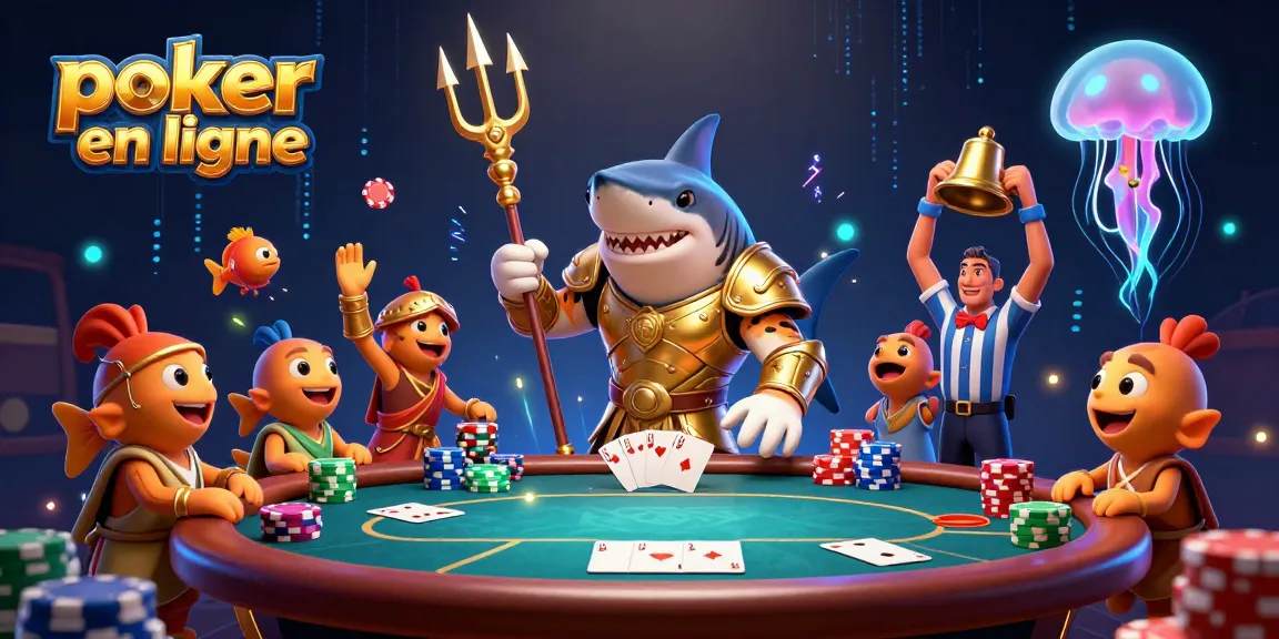 Jouer au poker en ligne avec un requin tigre guerrier, entouré de jetons et de cartes sur fond animé.