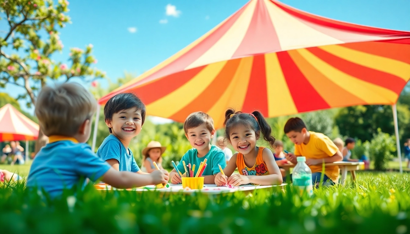 Summer childrens camp scene with kids happily engaged in arts and crafts activities outdoors