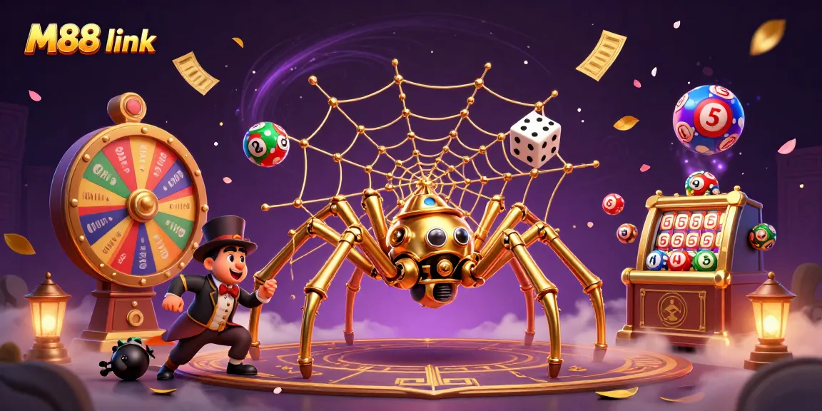 Engage with M88 link through an exciting 3D casino scene filled with vibrant game elements.