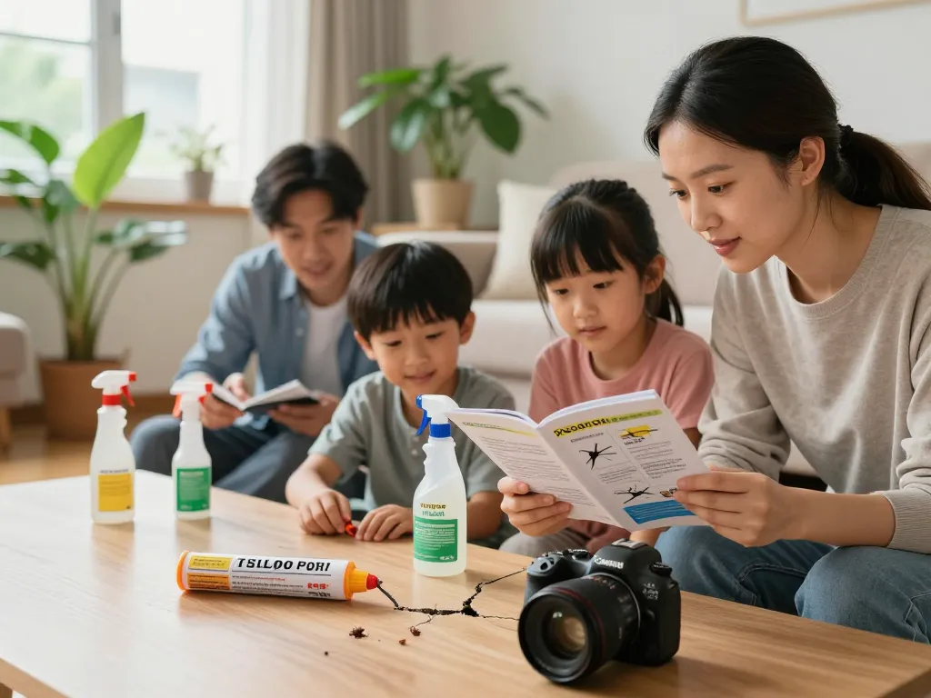 Pest prevention scene with family sealing cracks in a home, promoting proactive pest control methods.
