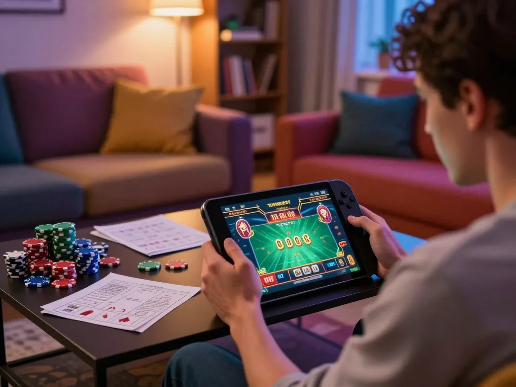 Person enjoying online casinos in Canada reddit while playing poker on tablet in cozy living room.
