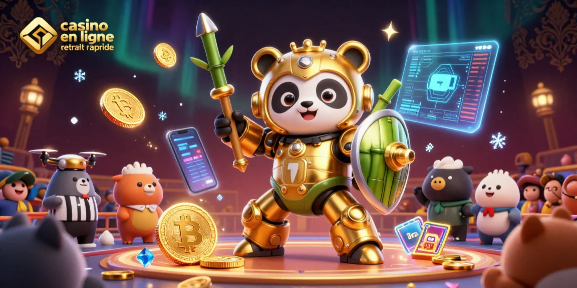 Illustration dynamique représentant le casino en ligne retrait rapide avec un panda doré en armure de robot au milieu d'une arène.