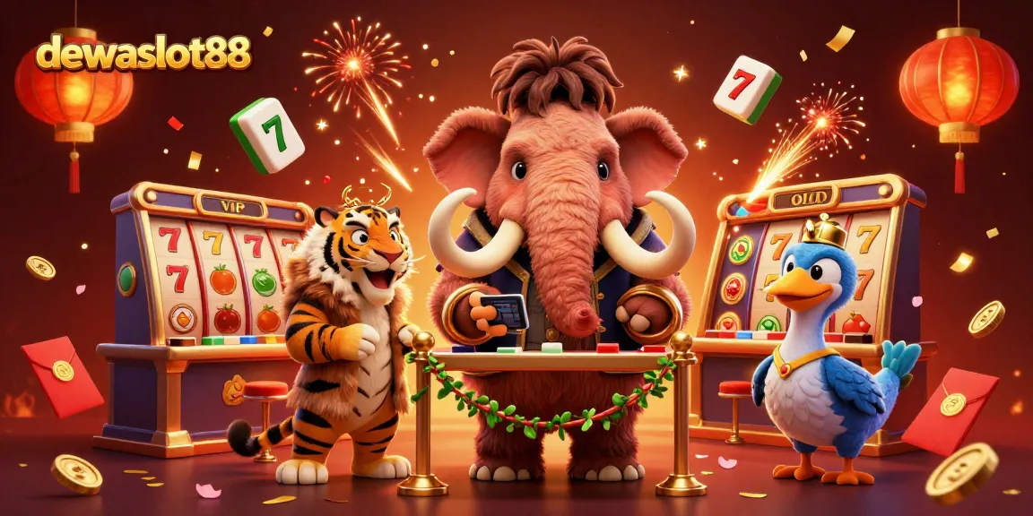 Mengunjungi dewaslot88, bouncer mammoth casino memeriksa identitas bersama tamu VIP harimau dan doorman dodo, dikelilingi simbol slot.