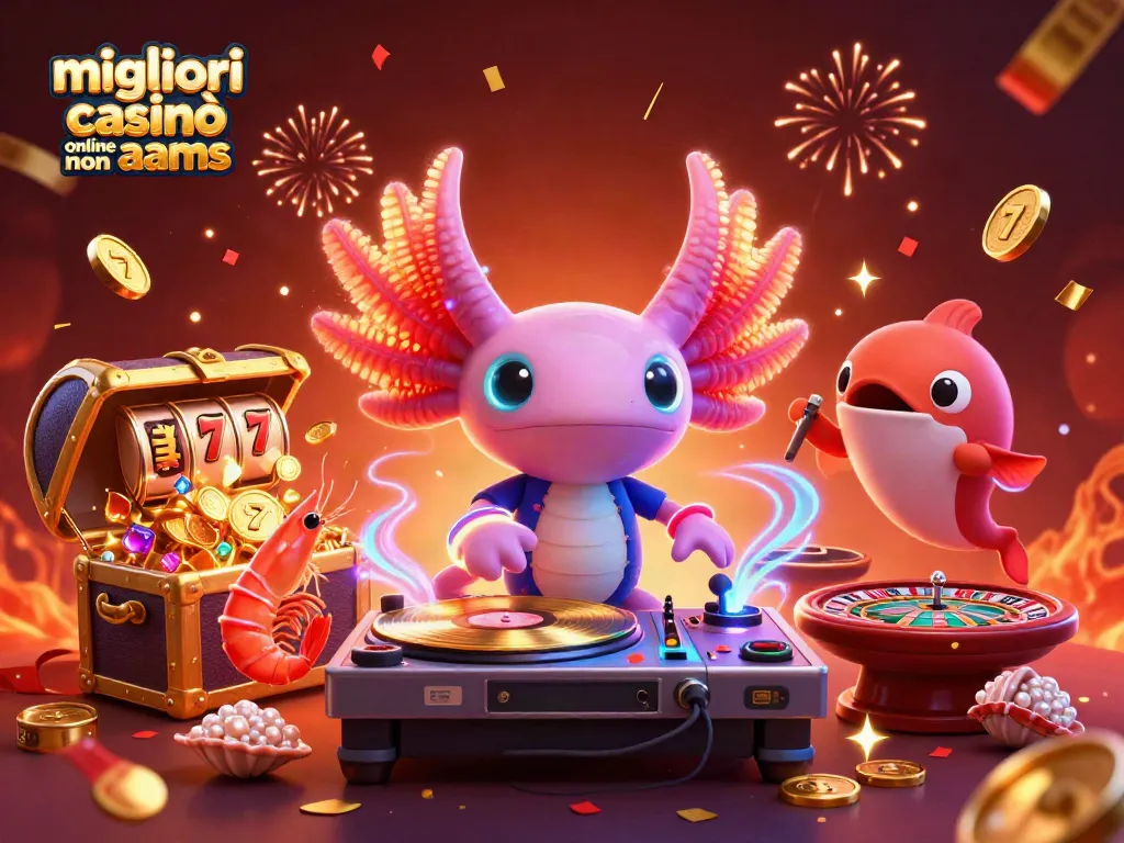 Scopri i migliori casinò online non AAMS con un DJ axolotl e simboli delle slot in un'illustrazione vibrante.
