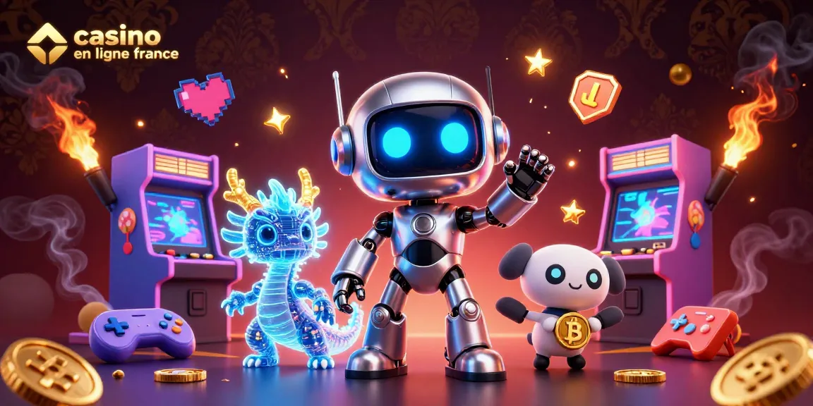 Casino en ligne France : illustration immersive avec un robot cyberpunk et un dragon IA, ambiance festive et jeux colorés.