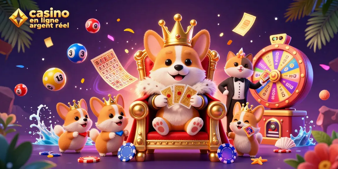 Illustration colorée illustrant le casino en ligne argent réel, avec un corgi royal et des jeux de loterie animés.