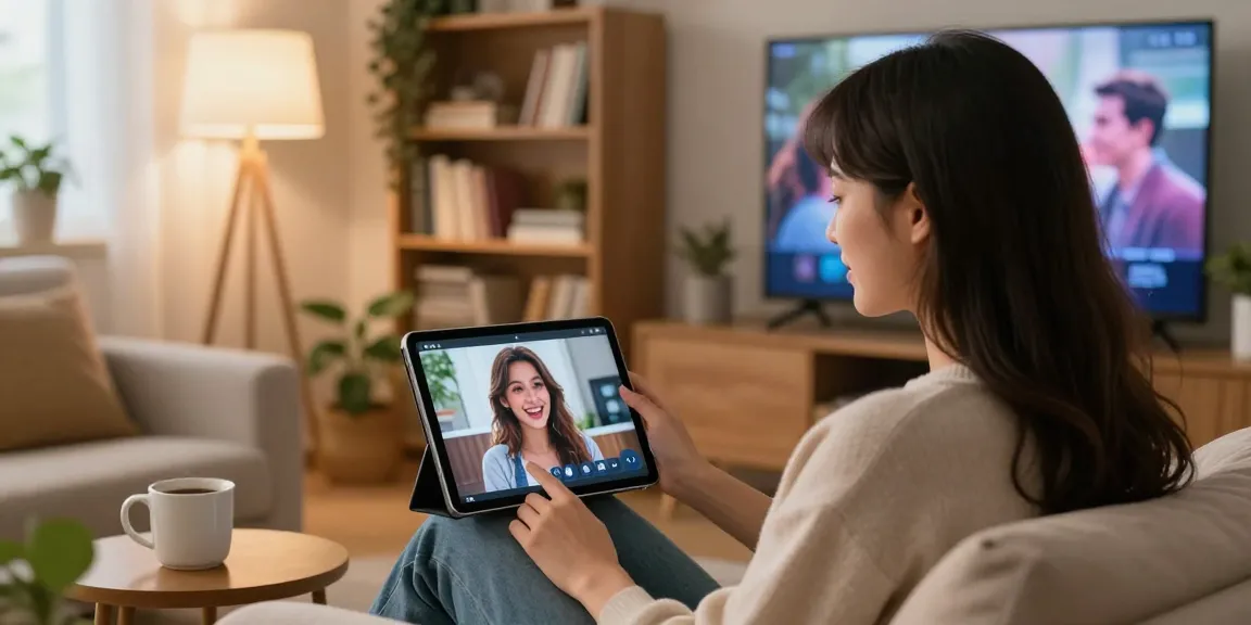 Chatting with an AI girlfriend companion on a tablet in a cozy living room.