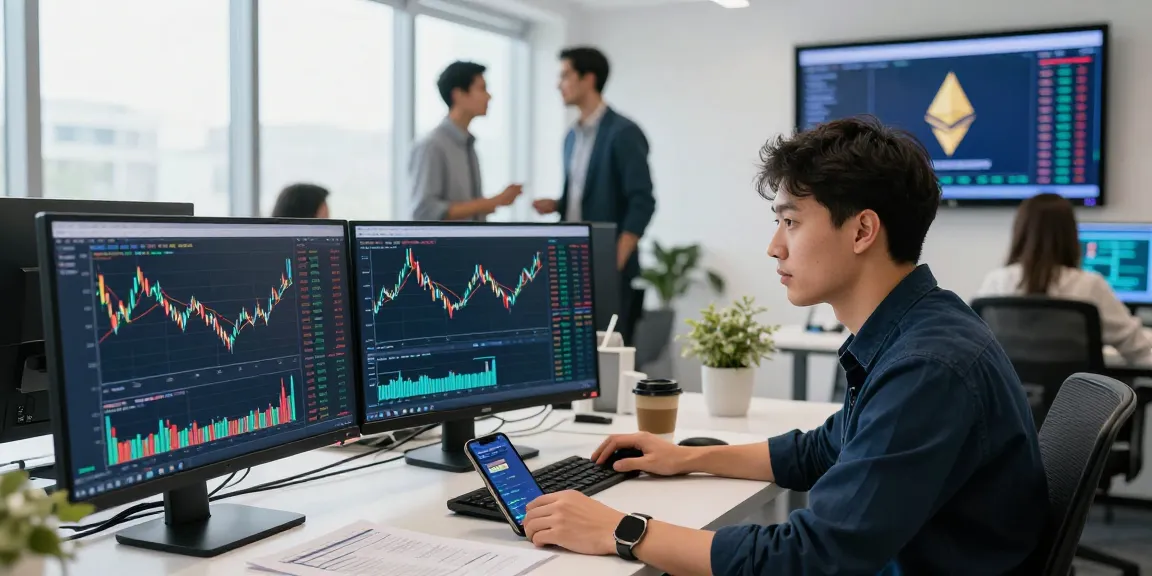 Real-time Ethereum price live trading scene in a financial office with multiple monitors and vibrant data.