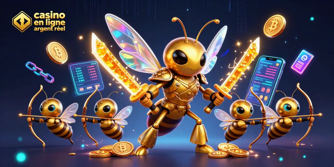 Profitez des jeux au casino en ligne argent réel avec une illustration dynamique représentant un chasseur d'or en samouraï et des pièces de crypto-monnaies.