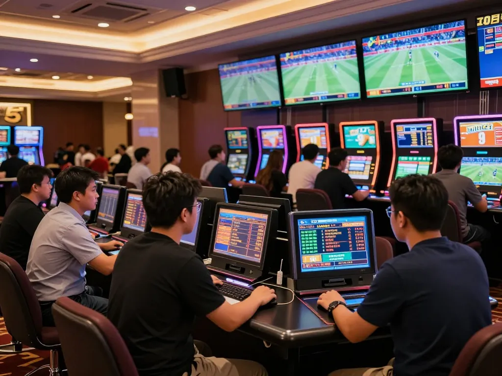 Engaged bettors exploring kèo nhà cái 5 options in upscale casino sports betting area with dynamic screens.