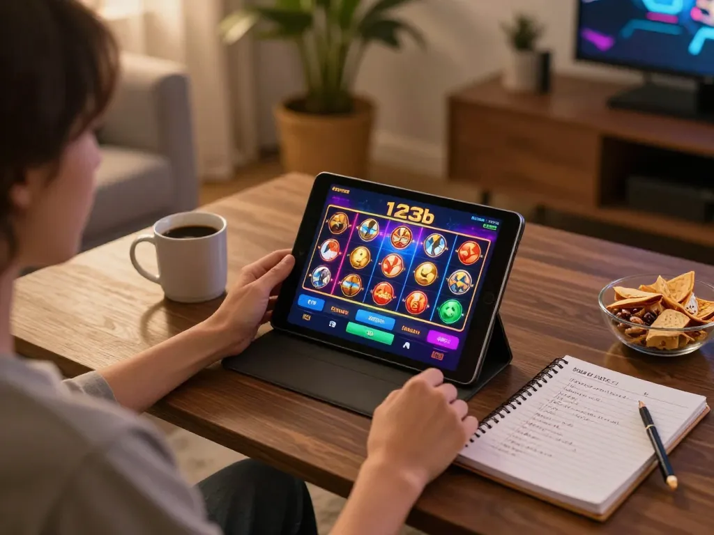 Player engaging with the 123b casino app on a tablet, showcasing lively slot machine gameplay