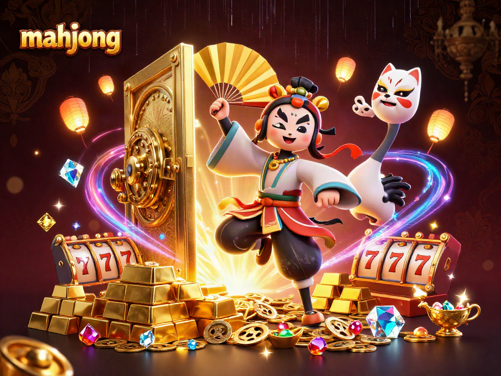 Play mahjong with vibrant characters amid golden treasures and casino elements in this lively scene.