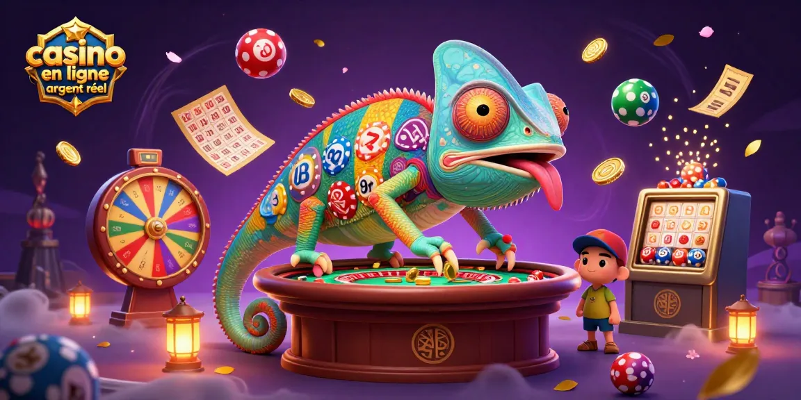 La scène dynamique représente le casino en ligne argent réel, mettant en avant des éléments de loterie et un chameleon coloré.