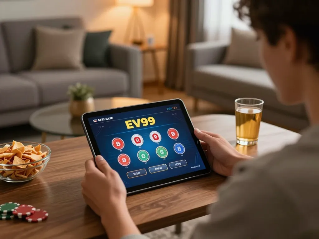 Enjoying poker on EV99 in a stylish home setup with tablet gaming interface.