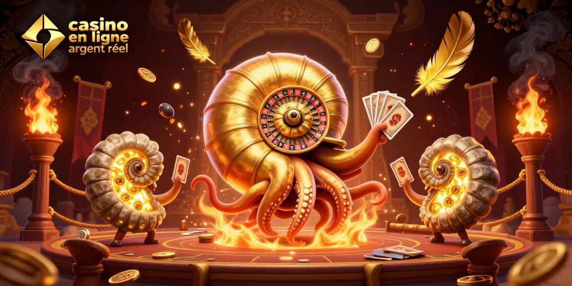 Le nautilus géant et ses amis invitent à jouer au casino en ligne argent réel avec des cartes et des éléments dorés.