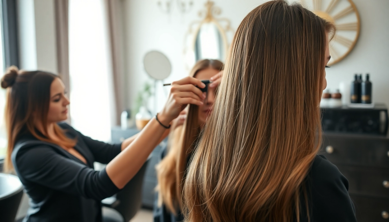Sew in weft hair extensions being expertly applied in a modern salon by a professional stylist.