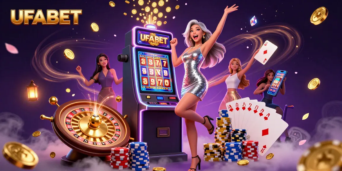 Experience the thrills of UFABET with a vibrant casino scene featuring a jackpot celebration and captivating gameplay.