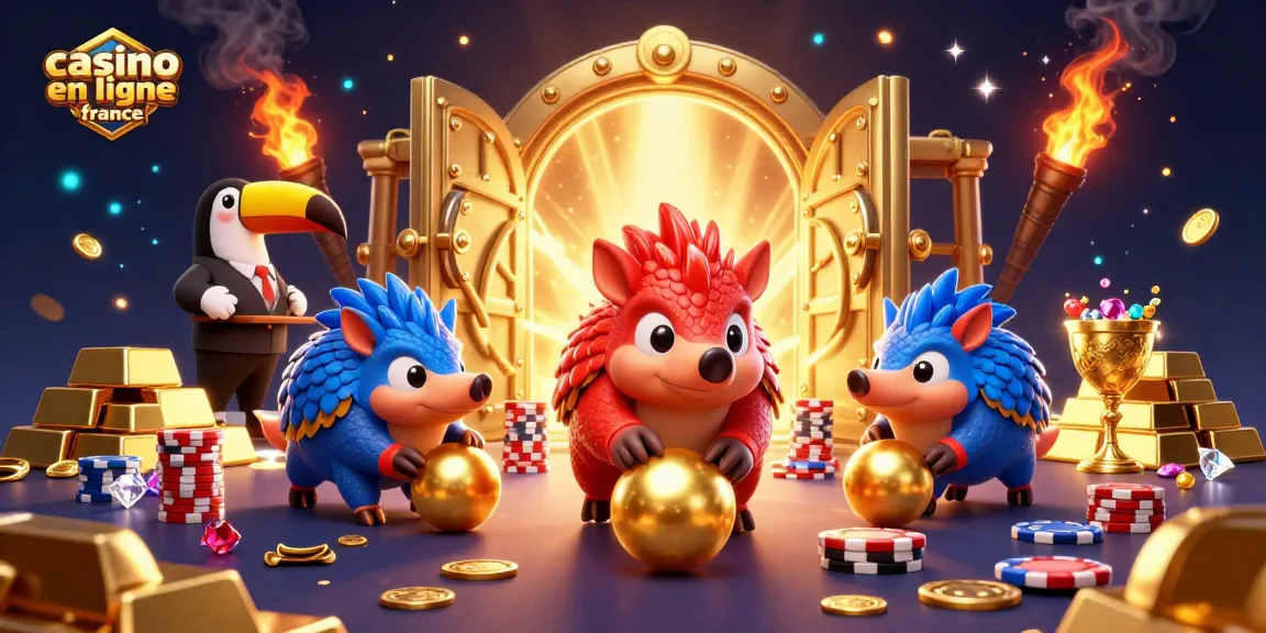 Des pangolins rivaux jouent aux jeux au casino en ligne France avec des jetons de poker et des trésors.