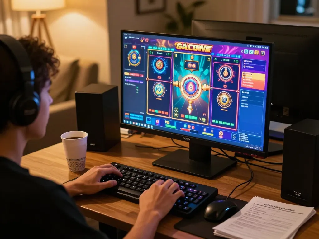 Engaging player enjoying slot gacor gaming on vibrant online interface in cozy home setup.