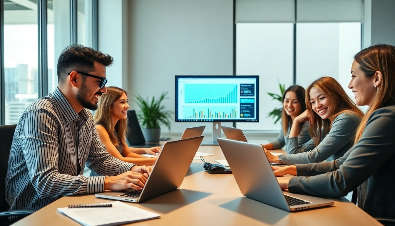 Engaging online marketing team working dynamically in Edmonton office setting.
