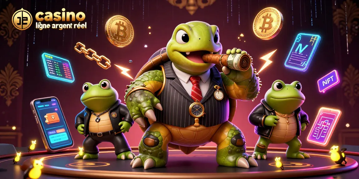 Découvrez un mobster tortue avec des grenouilles en arrière-plan dans un casino en ligne argent réel.