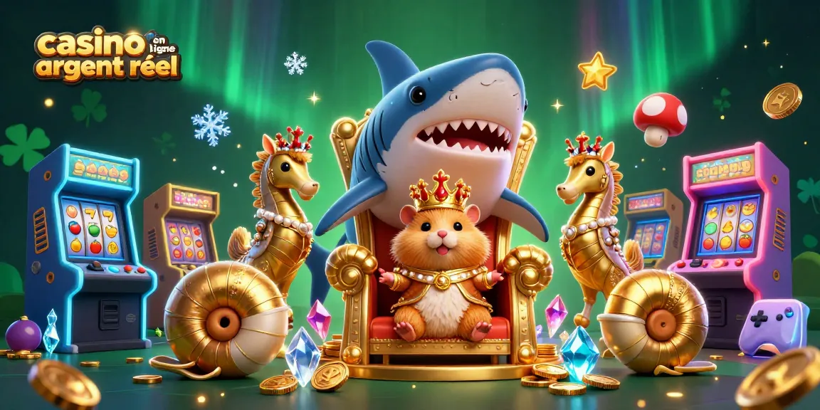 Découvrez une illustration animée colorée mettant en scène casino en ligne argent réel avec un roi hamster et des éléments de jeu.