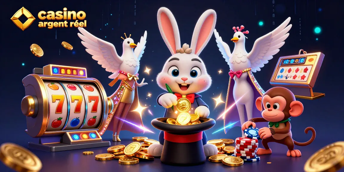 Visuel dynamique illustrant un casino en ligne argent réel avec un lapin magicien, une colombe et un singe.