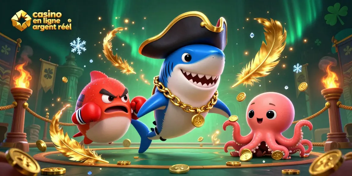 Illustration captivante sur le thème du casino en ligne argent réel avec un requin pirate et un poulpe.