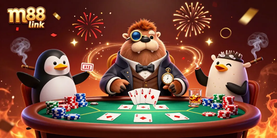 Experience the excitement at m88 link with a spirited poker underwater scene featuring a penguin dealer, walrus, and pufferfish.