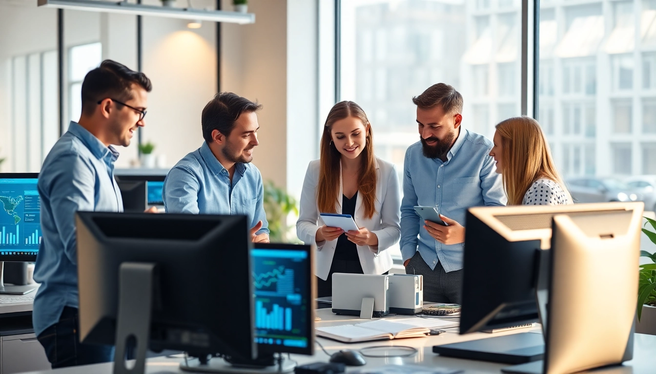 Managed IT services near me team working together in a modern office environment.