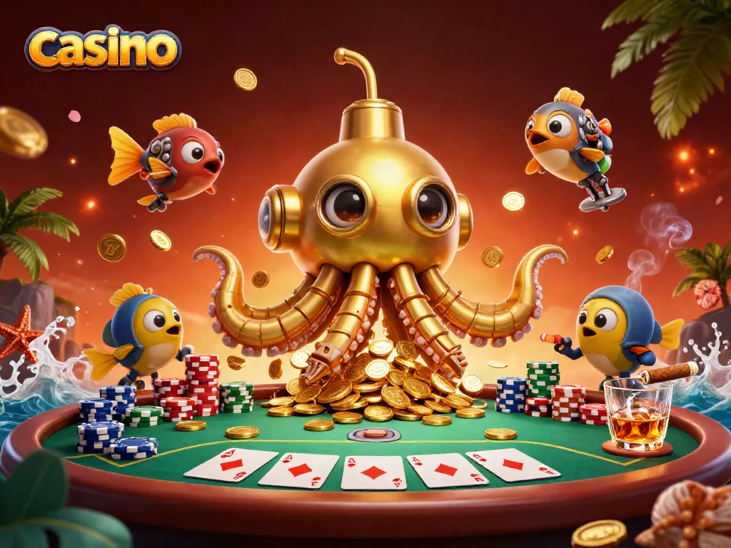 Experience thrilling casino action with a golden kraken submarine in vivid 3D art.