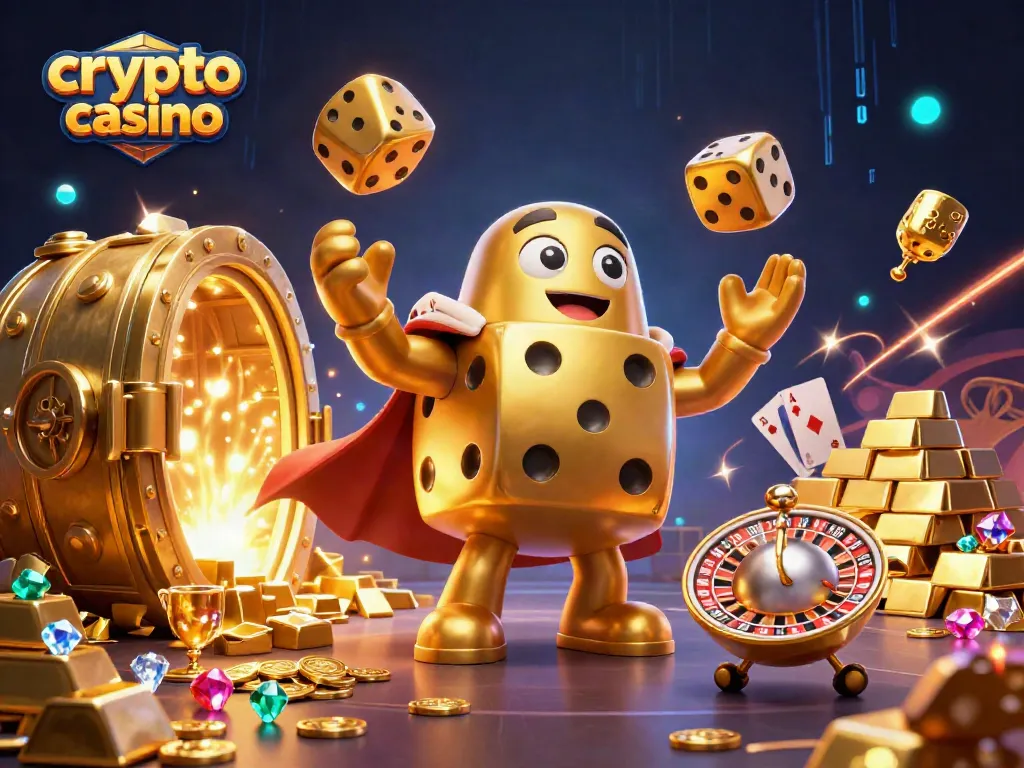 Gioca al crypto casino con il golem di dadi d'oro e monete scintillanti.
