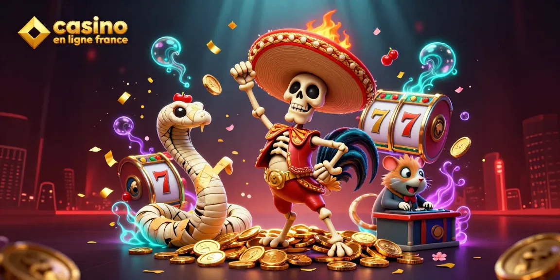 Vivez l'excitation du casino en ligne France avec une illustration dynamique de personnages colorés et de jeux de machines à sous.