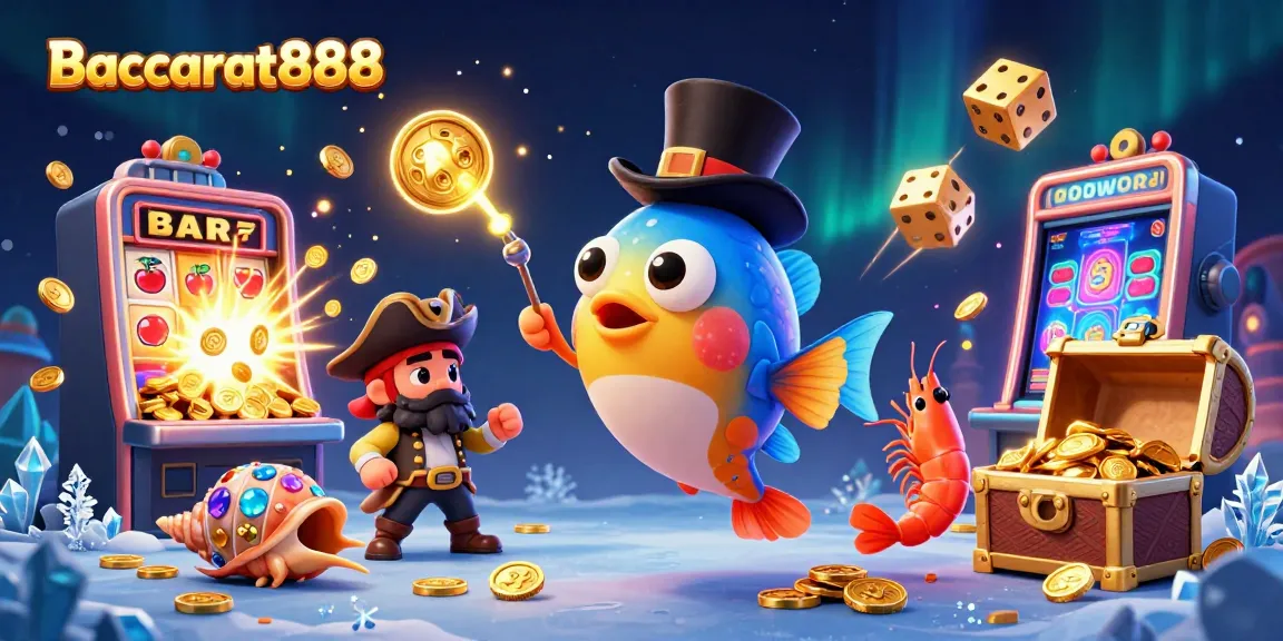 Baccarat888 engages players with a vibrant 3D scene of winning symbols, treasure, and casino excitement.