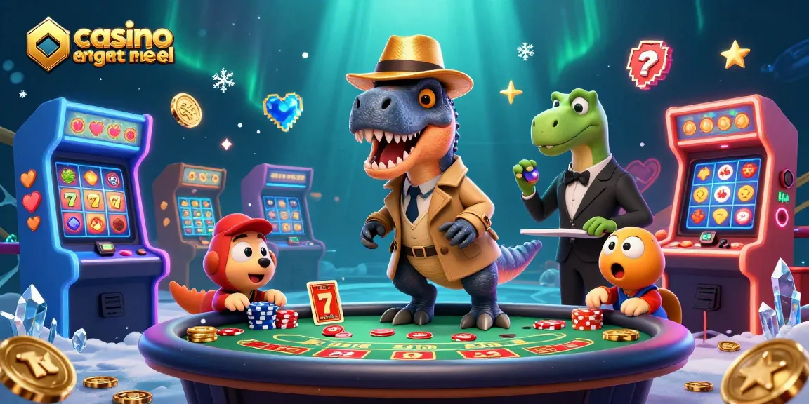 Illustration dynamique de casino en ligne en argent réel avec un velociraptor aux cartes, un pit boss et un pickpocket.