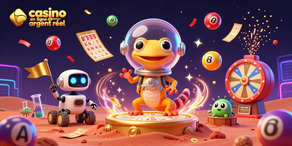 Le casino en ligne argent réel attire avec une illustration 3D captivante d'un gecko martien explorant une machine à sous dorée.