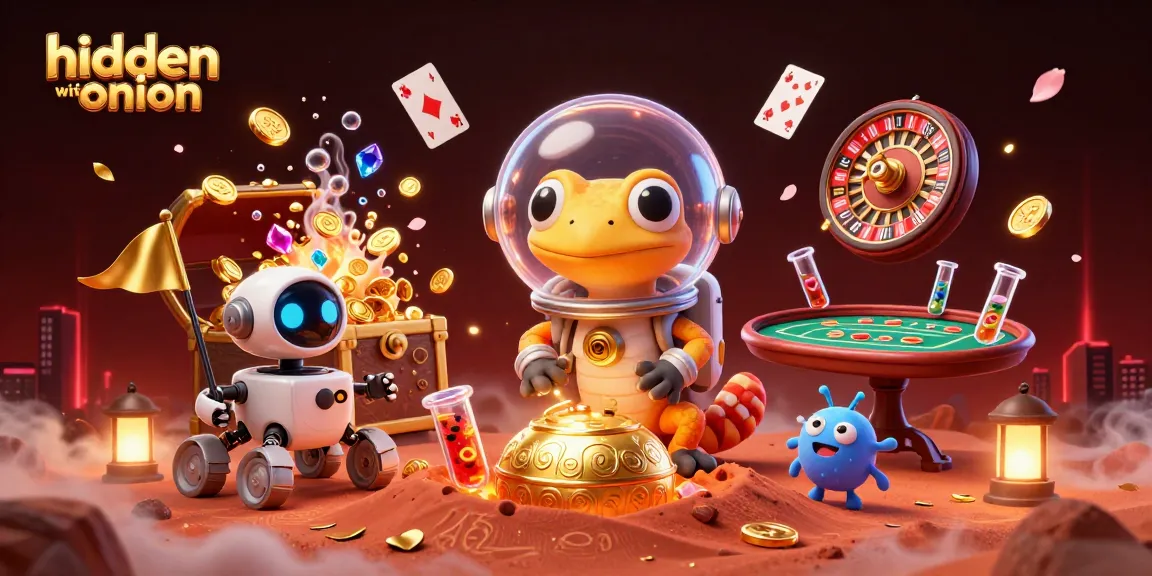 Cheerily spinning the hidden wiki onion jackpot, Martian gecko with robot rover, colorful casino scene.