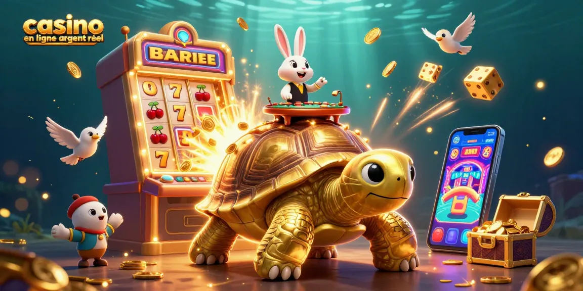 Gagnez gros avec notre illustration de casino en ligne argent réel, mettant en scène une tortue dorée et un croupier.