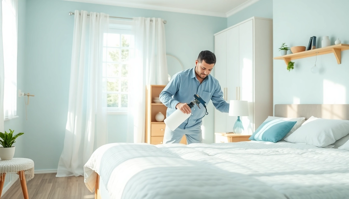 Implementing bed bug pest control measures in a clean, serene bedroom for effective treatment.