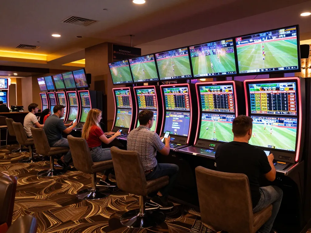 An engaged bettor analyzing sports odds at mb88 in a vibrant casino atmosphere