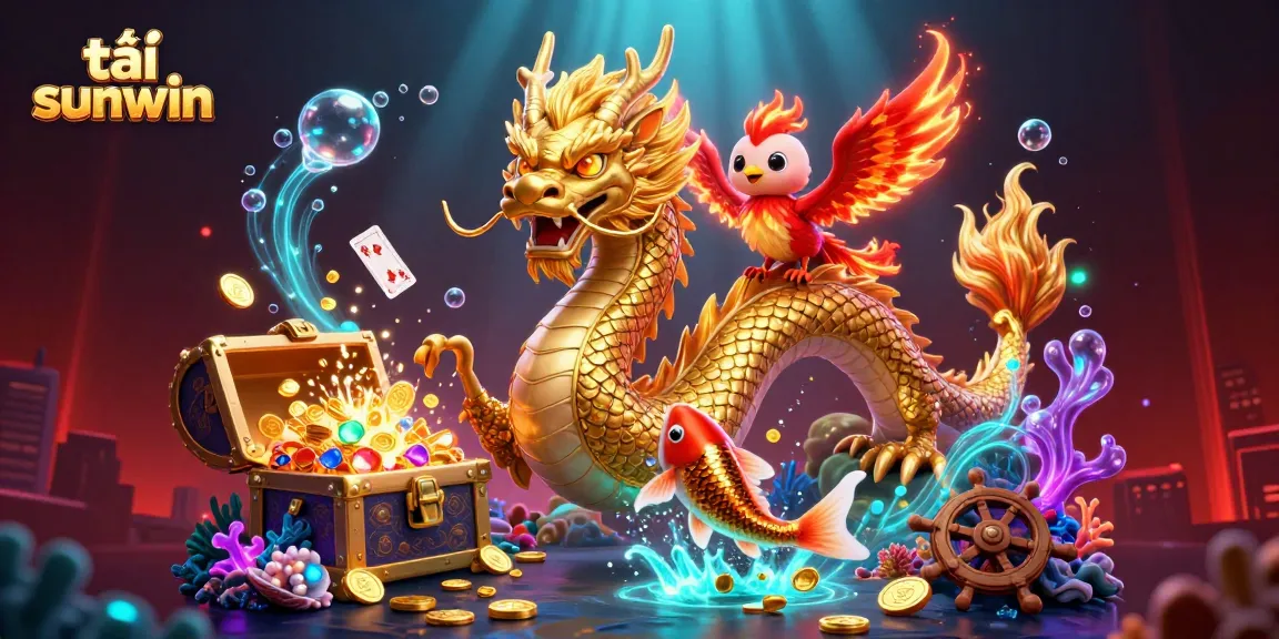 Experience the excitement of tải sunwin with vibrant 3D illustration featuring a golden dragon, phoenix, and koi fish.