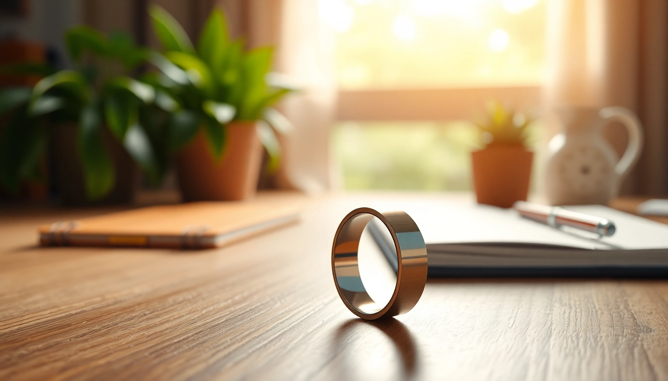 Showcasing a Smart Health Ring on a wooden desk, highlighting its sleek design and advanced features.