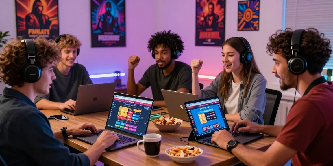 A group of friends celebrating while playing at various credit card casino sites on laptops in a cozy gaming environment.