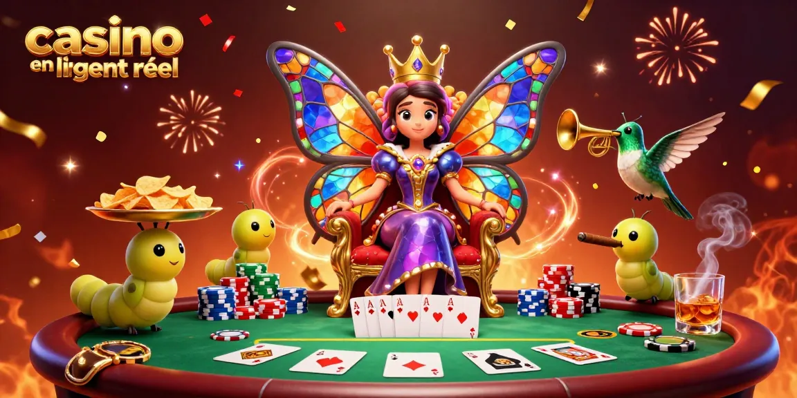 Jouez avec la reine des papillons dans un casino en ligne argent réel rempli de jetons et de cartes.
