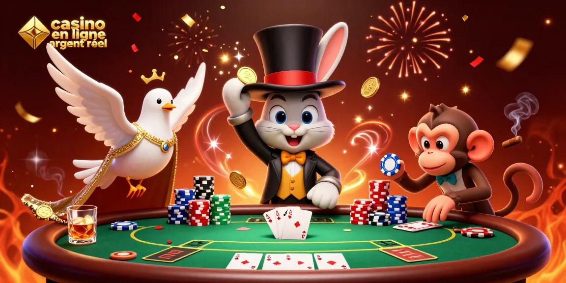 Une illustration dynamique représentant un magicien cartoon et des personnages de casino en ligne argent réel.