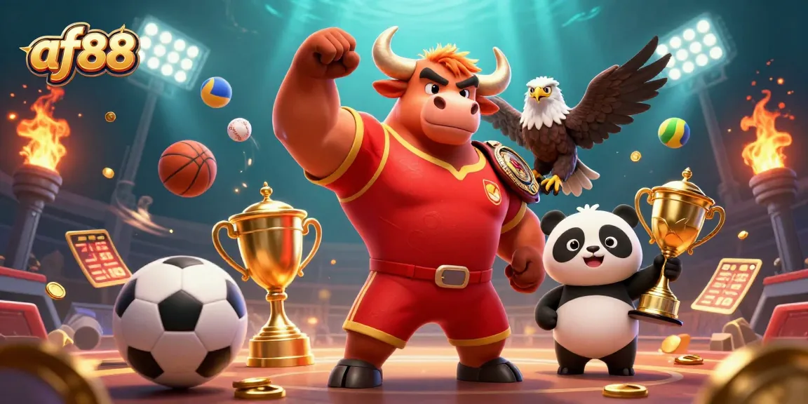 Engage with af88 promotions while a bull mascot celebrates victory with an eagle and panda.