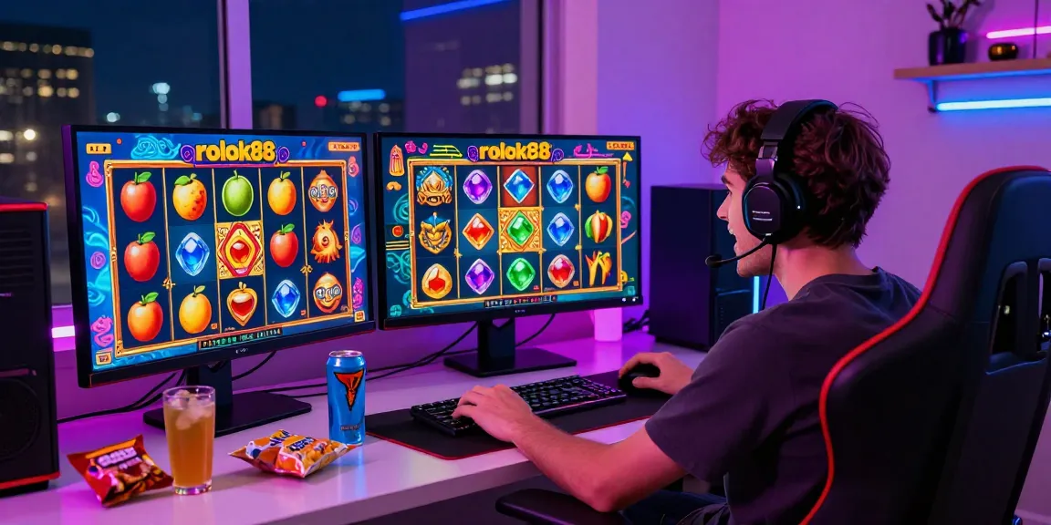 Player enjoying the rokok88 slot game in an immersive home gaming setup with vibrant graphics and neon lights.