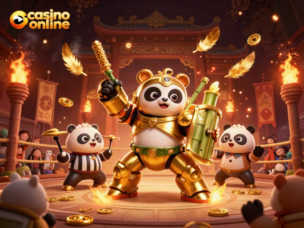 Juega en el casino online con temas de panda dorado en una vibrante arena de apuestas.