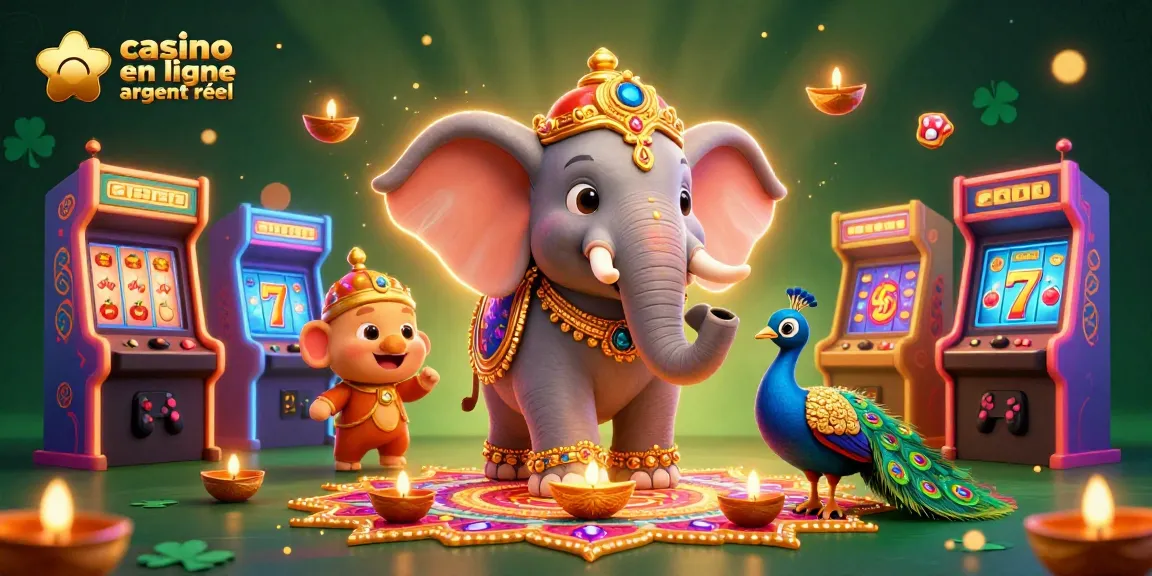 Amusez-vous sur un casino en ligne argent réel avec un éléphant Diwali en décor doré et des machines à sous dynamiques.