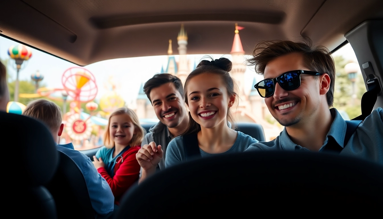Experience Disneyland Paris airport transfer services with a family arriving in an enchanting shuttle.